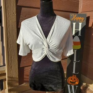 AE Studio White Women's Lightweight Flutter Sleeve V-Neck Crop Top Size Medium